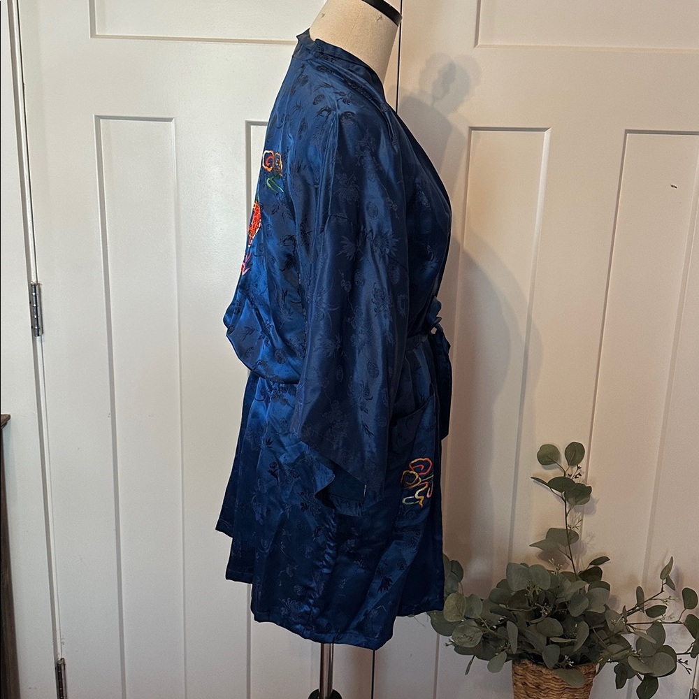 Vintage Esme Women's embroidered dragon embossed Chinese blue L pure silk robe - Picture 8 of 14